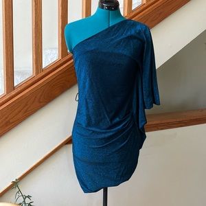 Gucci blue 1 shoulder mini dress w/belt loops/iridescent glittery fabric